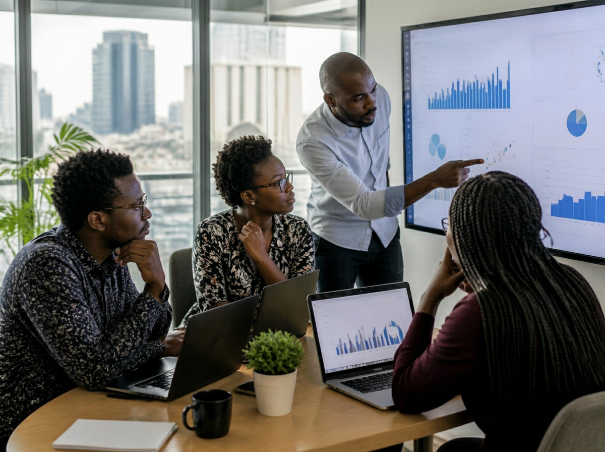 Sonivance analysts reviewing survey dashboards and charts in a Nairobi office