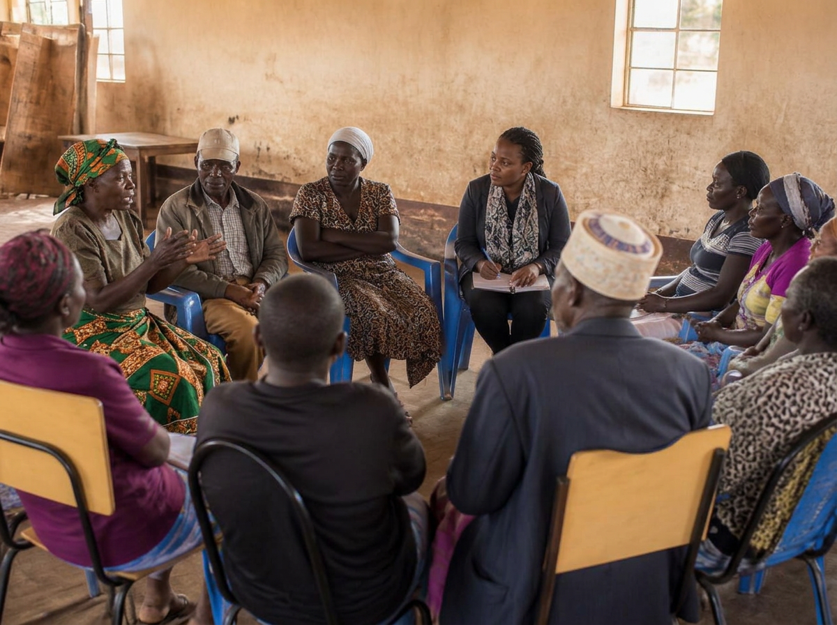 A Sonivance researcher facilitating a focus group discussion in a Kenyan community hall