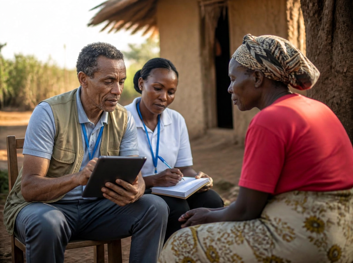 Sonivance field researchers conducting a household interview with a tablet in a rural Kenyan community