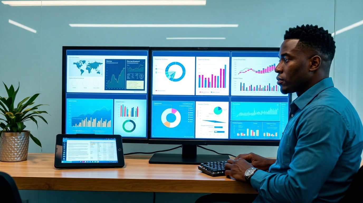 Data analyst reviewing interactive dashboards and charts on screen in a Nairobi office