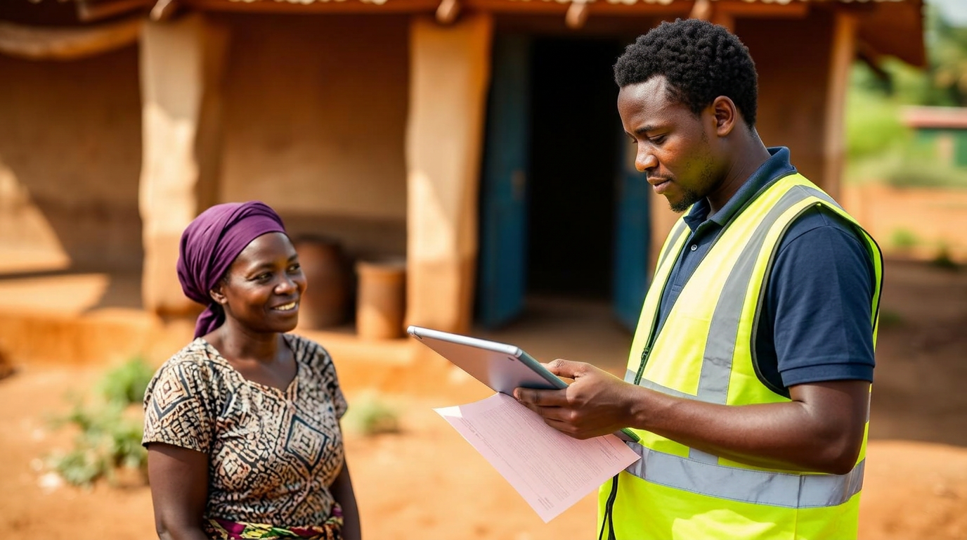 Field researcher with a tablet conducting a household baseline survey interview in rural Kenya