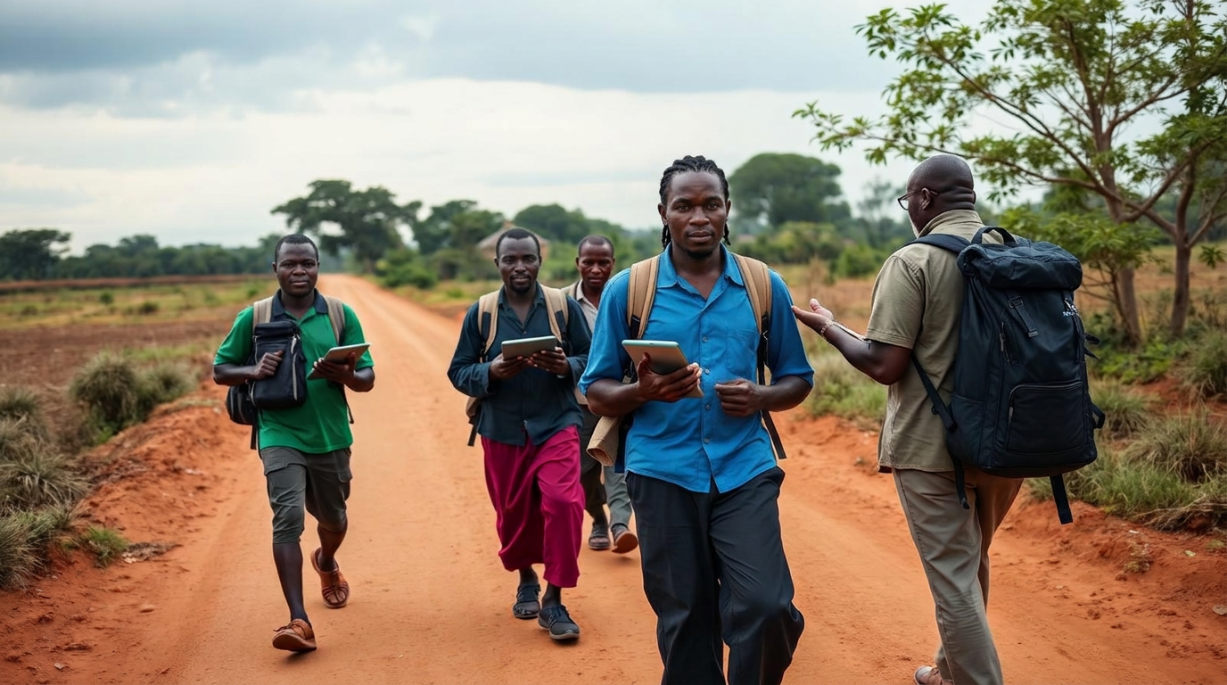 Field enumerators with tablets walking a rural road during a data collection assignment