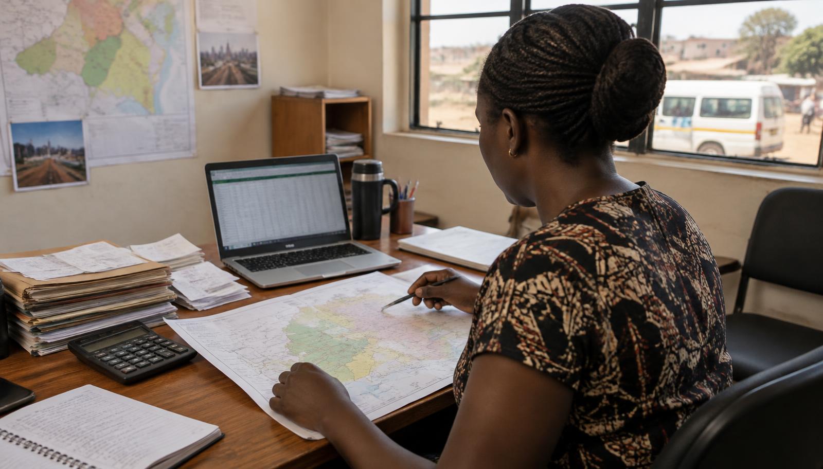 Research coordinator planning fieldwork routes on a county map beside receipts and an expenditure spreadsheet