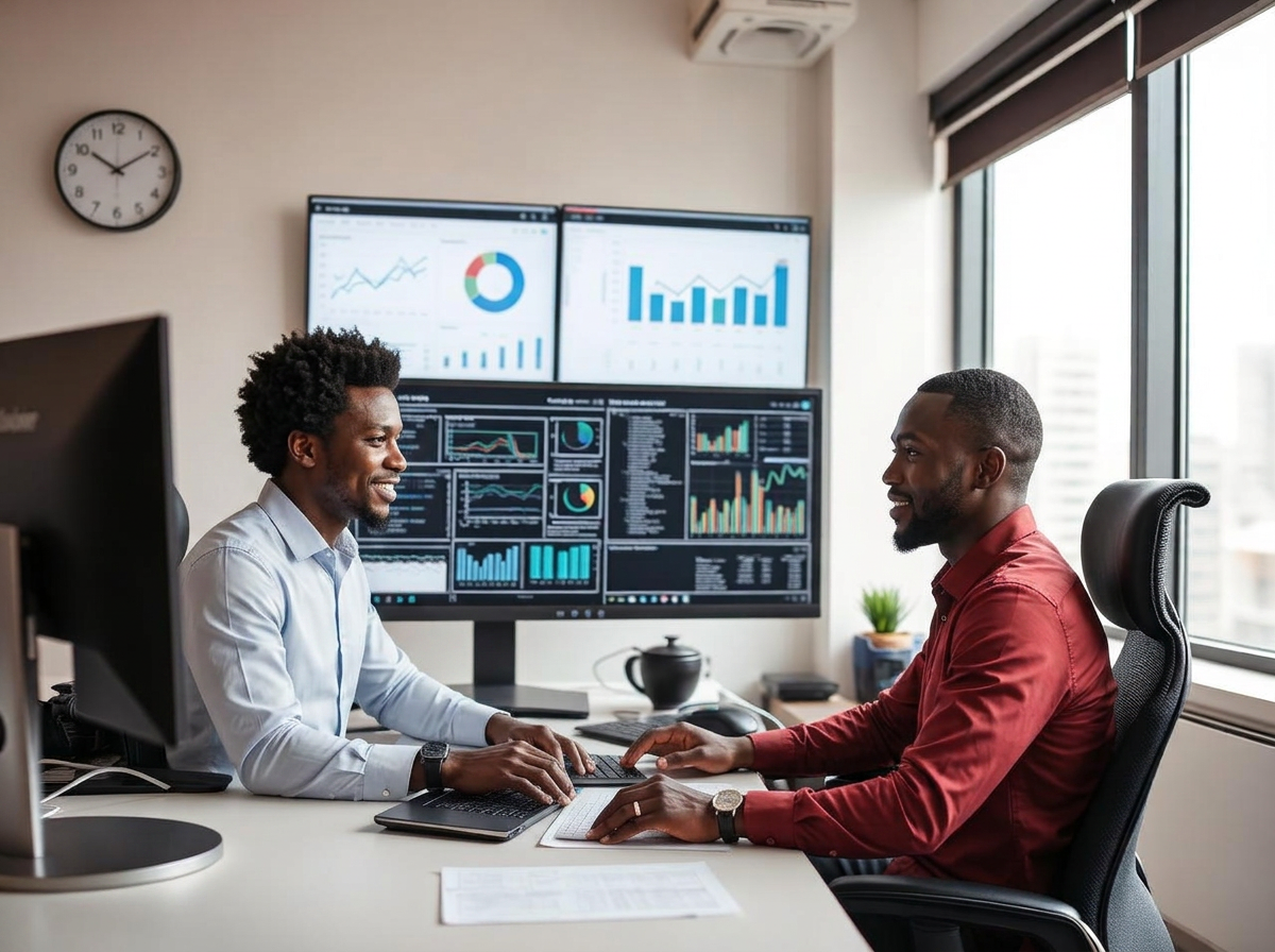 Analysts reviewing research dashboards on screens in a Nairobi office