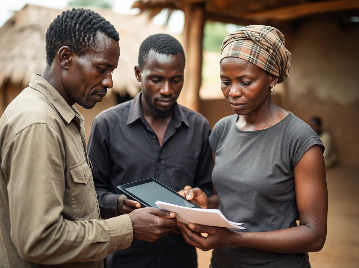Kenyan enumerators conducting a household survey interview in a rural community