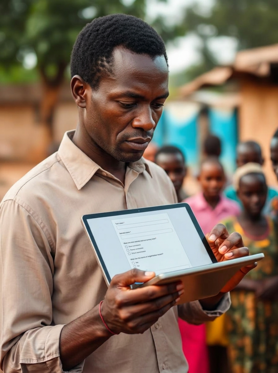 A Kenyan field researcher reviewing a digital survey dashboard on a tablet in the field