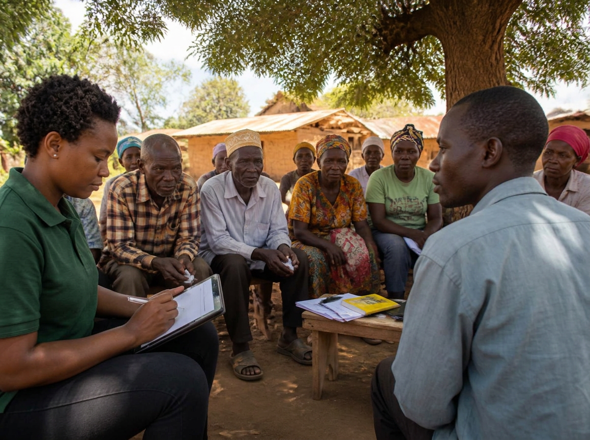 Kenyan researchers holding a community discussion with residents in a rural village