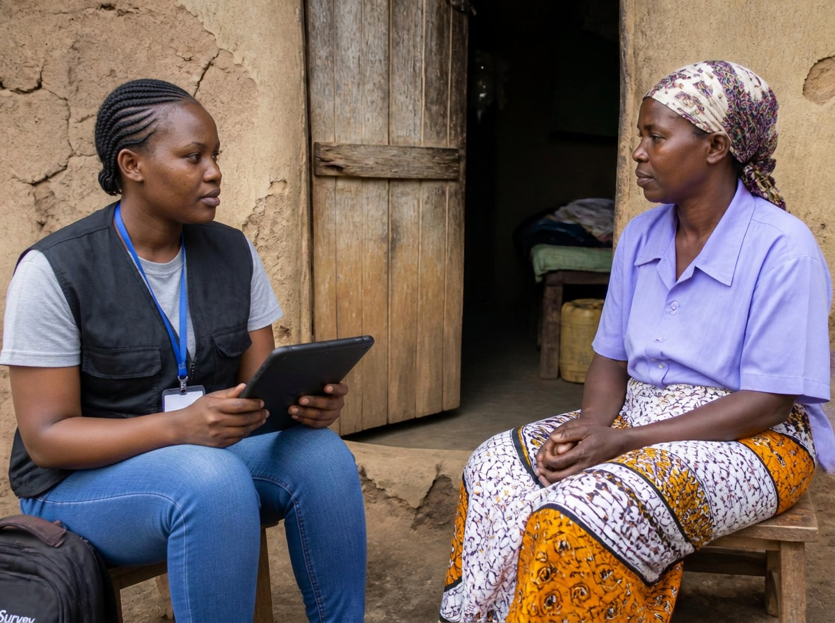 Kenyan field researcher conducting a household survey interview on a tablet
